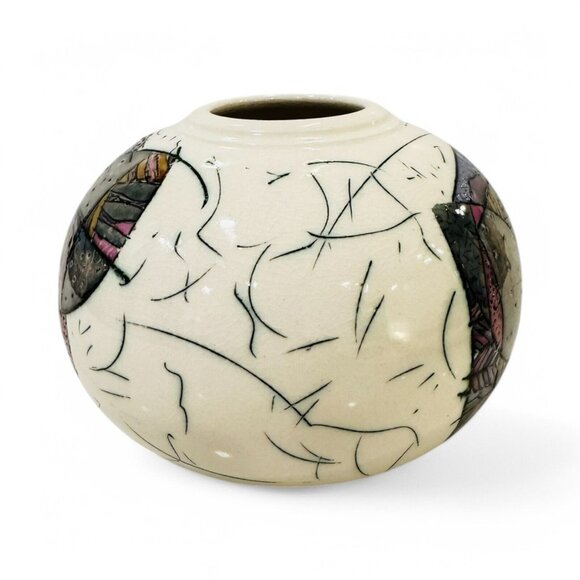 Signed Kirk Freeman Polychrome Ceramic Vase Studio Art Pottery Post-Modern 7"x5" - Picture 2 of 11